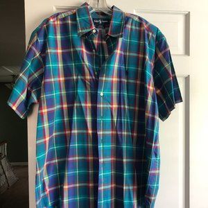 multicolor plaid short sleeve button down shirt